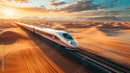 A modern train speeds through vast desert dunes as the sun sets, casting a warm golden light.