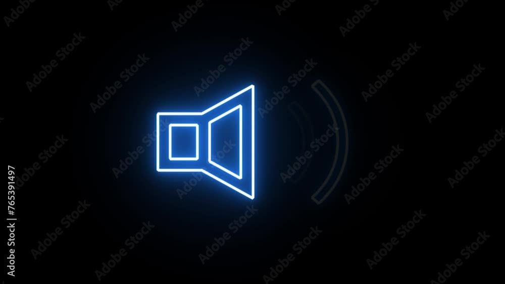 Glowing neon sound icon audio music speaker animation on black background. Volume with sound wave animated sign. Sound on icon speaker. Glowing neon sound icon audio music speaker animation on black background. Volume with sound wave animated sign. Sound on icon speaker.