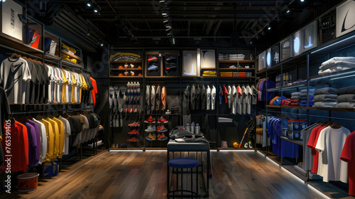 Trendy Sports Apparel Collection Displayed in Sports Store photo