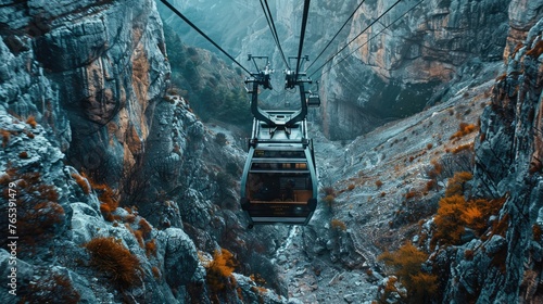 A cable car traverses a vast mountainous landscape with rugged cliffs and autumnal foliage. photo