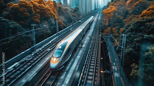 A modern train speeds along tracks amidst autumnal trees and urban high-rises.