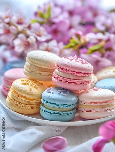 Colorful and Delicate French Macarons Artfully Arranged on a Plate with Elegant Floral Backdrop