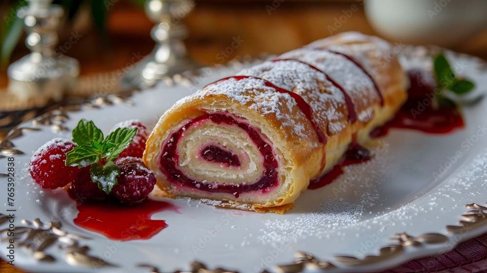 Delectable Jam Roly Poly Dessert Served on Elegant Plate with Fresh Raspberries and Dusting of Powdered Sugar