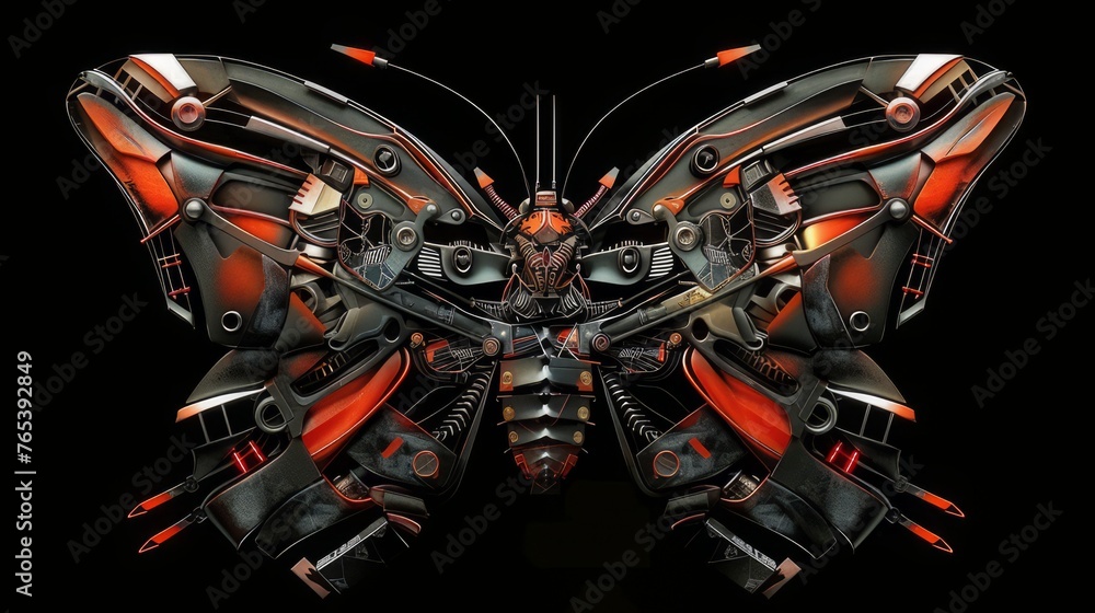 Futuristic military cybernetic robot butterfly illustration, android butterfly isolated on black background