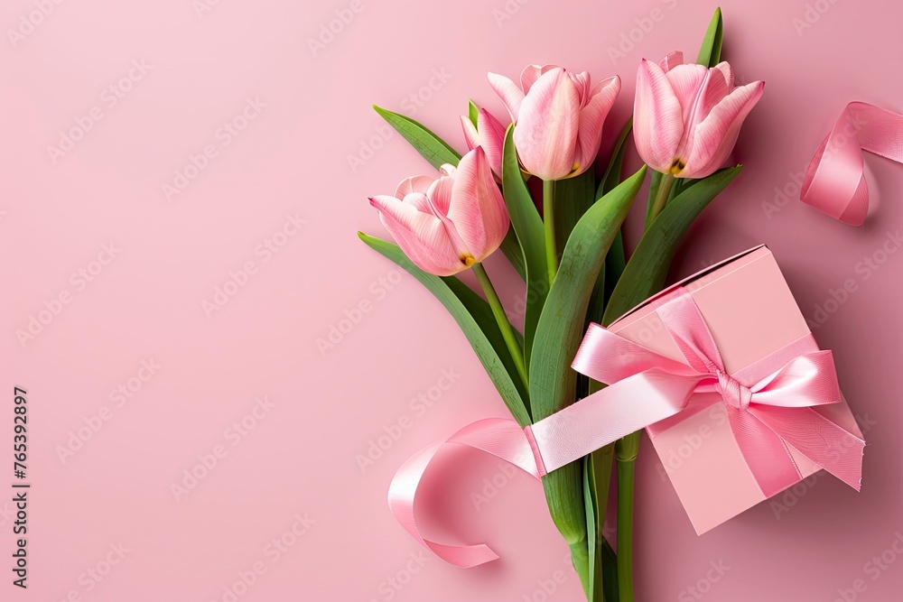 Fototapeta premium Title: Mother's Day concept. Top view photo of stylish pink giftbox with ribbon bow generative ai