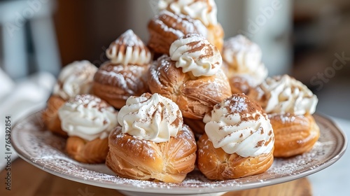Delectable Profiteroles Platter:Perfectly Baked Cream Puffs Showcasing Creamy Indulgence and Bakery