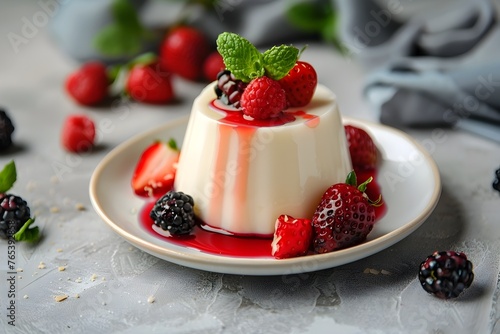 Delectable Panna Cotta Dessert with Fresh Berries and Mint Leaves on a Porcelain Plate