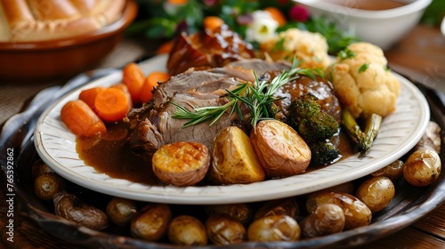 Delectable Roast Dinner Spread with Succulent Meat,Fluffy Potatoes,and Vibrant Veggies in Savory Gravy Served on a Rustic Plate