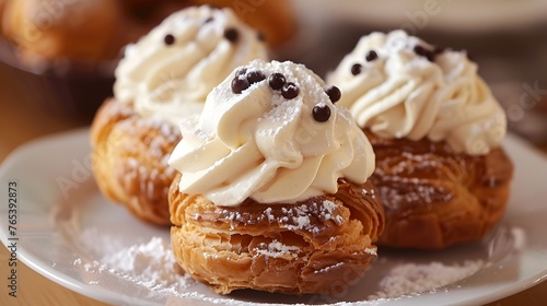 Delectable Profiteroles with Creamy Filling and Dusted with Powdered Sugar on a Plate