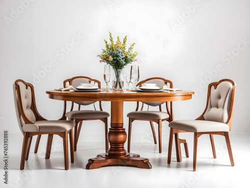 Classic dining table and chair set isolated on a white background.