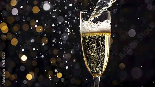 Elegant Champagne Glass Filled with Sparkling Beverage against Bokeh Backdrop