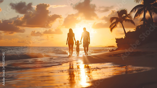 Family Walk on the Beach During Sunset