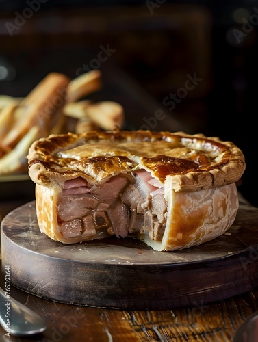 Mouthwatering Melton Mowbray Pork Pie - Artisanal English Savory Pastry Dish on Wooden Surface photo