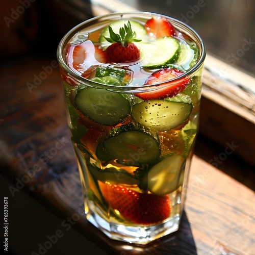 Refreshing Pimm's Cocktail with Garnished Fruits and Herbs in a Glass photo