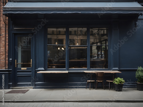 An empty frame decorates the navy blue exterior of a windowed cafe, adding to its allure. © Mahmud