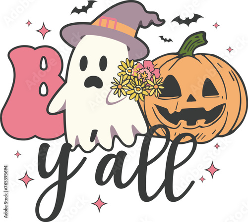 Boo y'all Retro T-shirt, Retro Halloween Shirt, Spooky Season, Ghost pumpkin T-shirt, Trendy Halloween, Hippie Halloween, Ghouls T-shirt, Cut File For Cricut And Silhouette