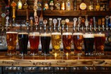 Variety of Craft Beer Glasses Displayed on a Rustic Wooden Bar Counter
