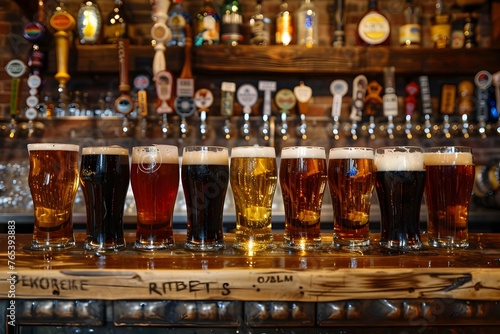 Variety of Craft Beer Glasses Displayed on a Rustic Wooden Bar Counter