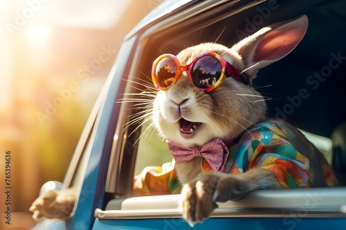 Easter Egg Bunny Smiling Rabbit in Car with Colored Glasses Handing Out of Car