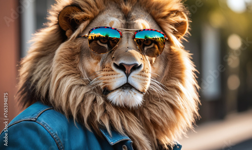 artistic vibrant portrait of a lion using jacket and wearing sunglasses photo