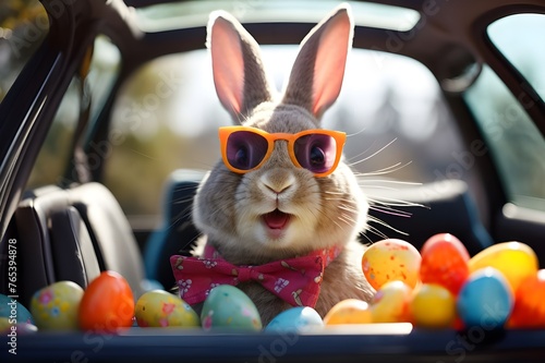 Easter Egg Bunny Smiling Rabbit in Car with Colored Glasses Handing Out of Car