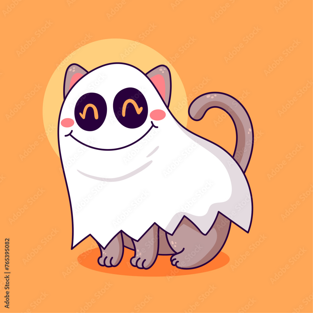 Cartoon cute cat with ghost costume vector