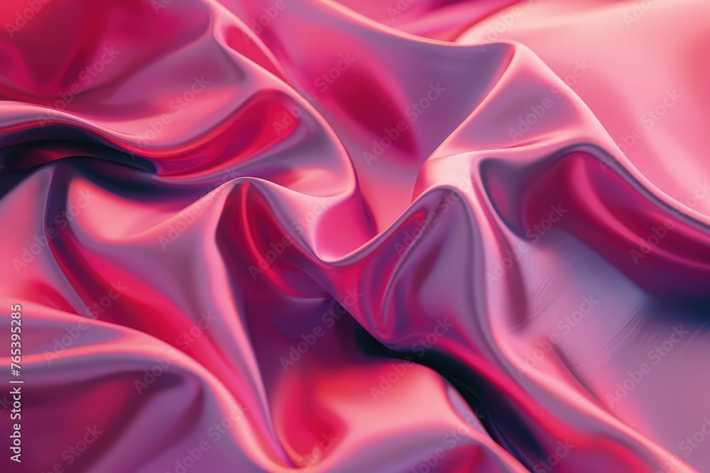 Fototapeta premium Abstract red and pink cloth background or water liquid illustration with wavy flowing folds and dark creases in the smooth satiny looking material design with curves and shine textured surface .