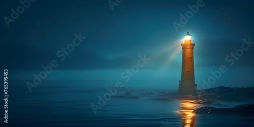 Lighthouse Beacon Illuminating the Tranquil Seascape at Night,Guiding Wanderers Through the Darkness