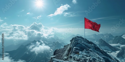 Conquering the Peak:A Flag Triumphantly Planted on a Majestic Mountain Summit