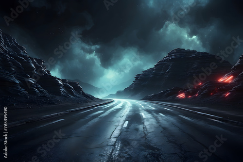 Abstract dark asphalt road background, space scene, street night vision, virtual reality, cyber futuristic sci-fi technology background with smoke