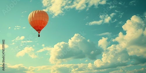 Majestic Hot Air Balloon Ascending into Whimsical Cloud-Filled Sky,Offering Serene Aerial Adventure