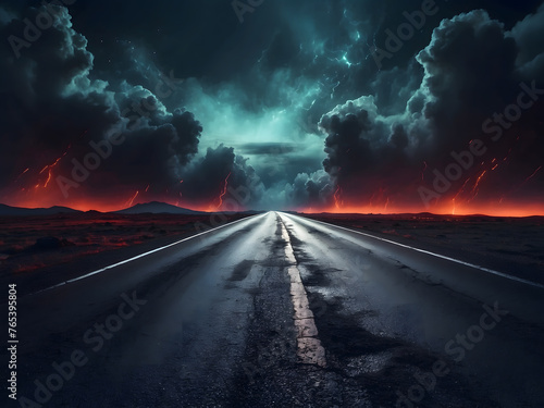 Abstract dark asphalt road background, space scene, street night vision, virtual reality, cyber futuristic sci-fi technology background with smoke