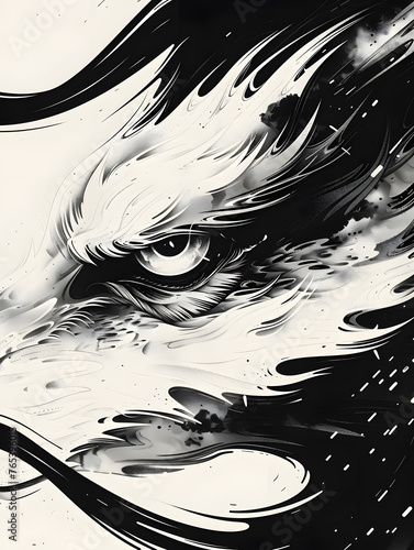 Monochrome painting of an eagles face in black and white
