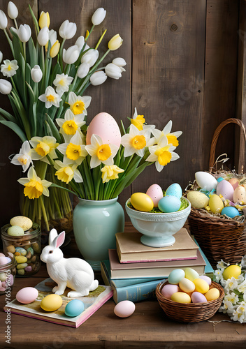 Fresh Colorful flowers vase, Basket of Colorful Eggs and the white smiling rabbit