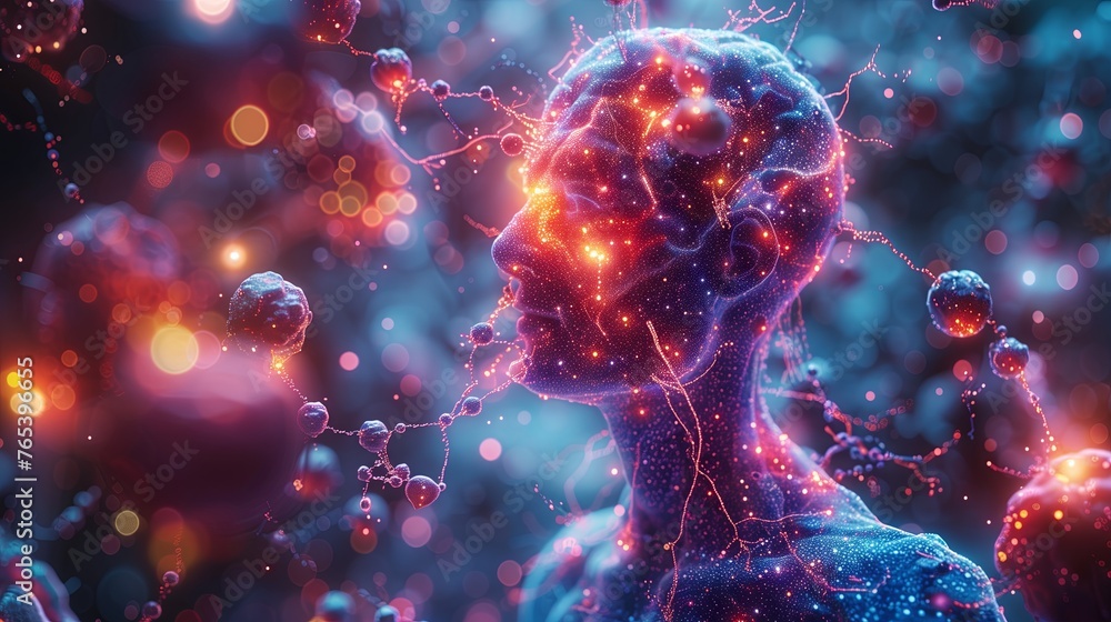 Computer generated image of person surrounded by bubbles in electric blue colors Computer generated image of person surrounded by bubbles in electric blue colors