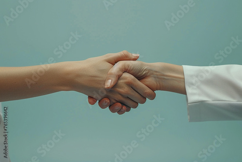 A doctor and a patient shaking hands on a light blue background. Concept of trust and satisfaction in health care. Copy space.