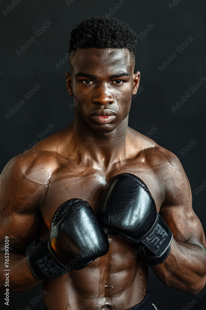 Muscular young boxer with black boxing wraps. Fighter’s fists prior to a fight or gym training