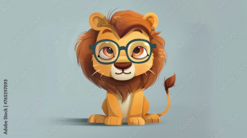 Illustration in flat style, A cute little lion wearing glasses posed against a studio background Illustration in flat style, A cute little lion wearing glasses posed against a studio background
