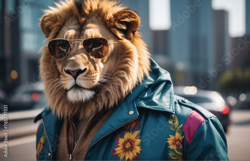 artistic vibrant portrait of a lion using jacket and wearing sunglasses