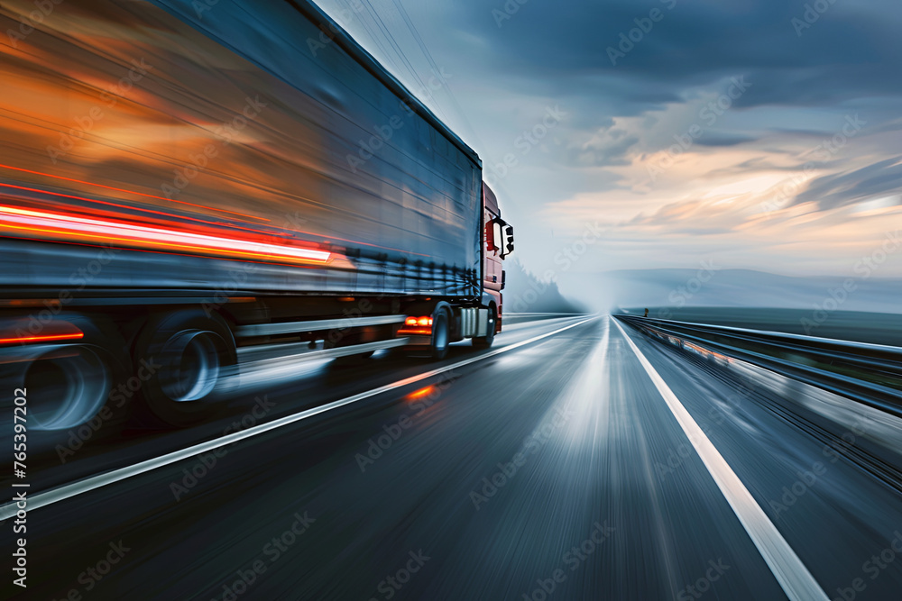 Truck speeding on the road, motion blur
