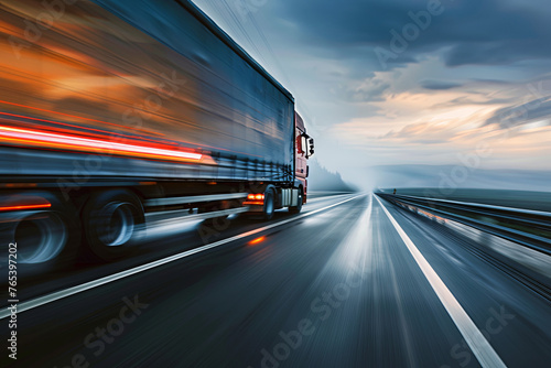 Truck speeding on the road, motion blur