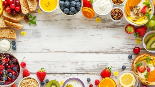 nutritious bowl, toasts, granola bars, smoothie bowl, yogurts and fruits over a white background