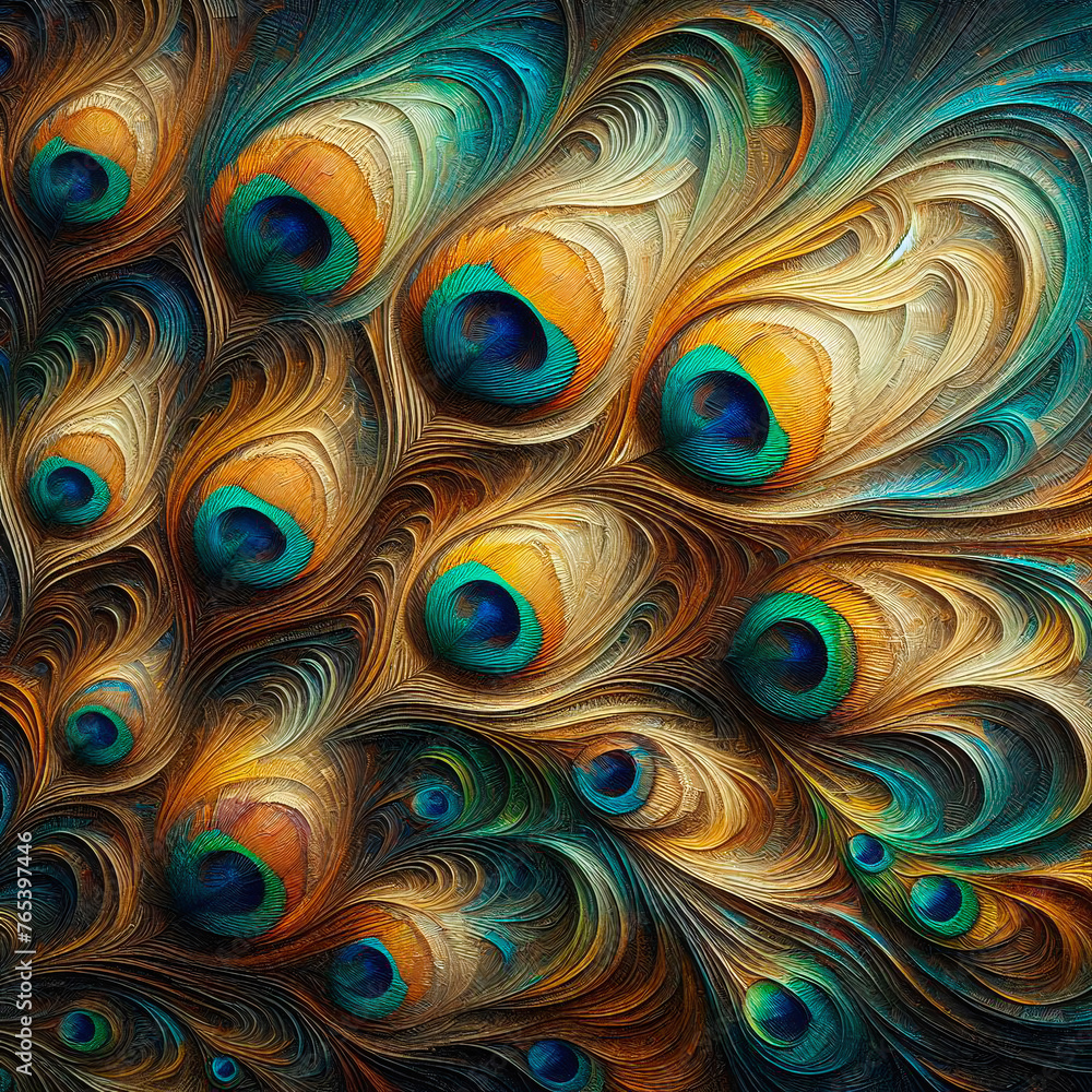 Obraz premium Beautiful peacock feathers. Multicolored background. Close-up.