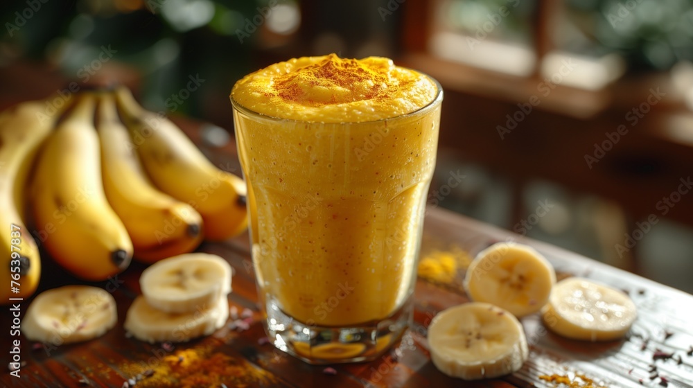 Banana smoothie on table with bananas Food, Drink Banana smoothie on table with bananas Food, Drink