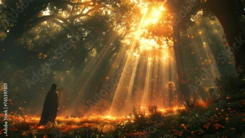A person standing in a forest clearing with rays of bright pure light streaming down through the trees conveying a sense of spiritual awakening and connection with nature. photo