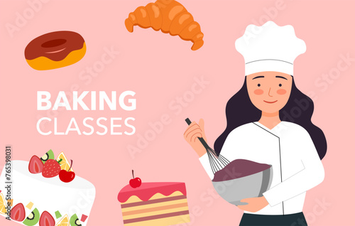 Baking classes banner. Young bakery chef woman holding kitchen item with cake and sweet dessert on background. Pastry chef.