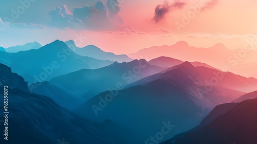 The late sunrise over the mountain range turns ordinary rocks into picturesque pictures of nature: orange-pink reflections against the blue sky make you forget about the hustle and bustle  photo