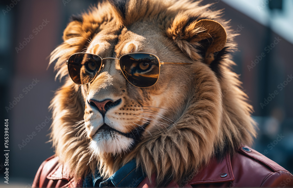 Fototapeta premium artistic vibrant portrait of a lion using jacket and wearing sunglasses