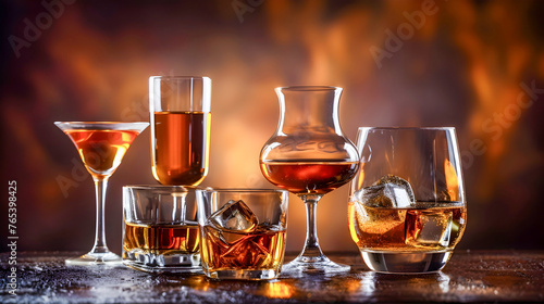 Various Whisky Glasses and Drinks on Wooden Table