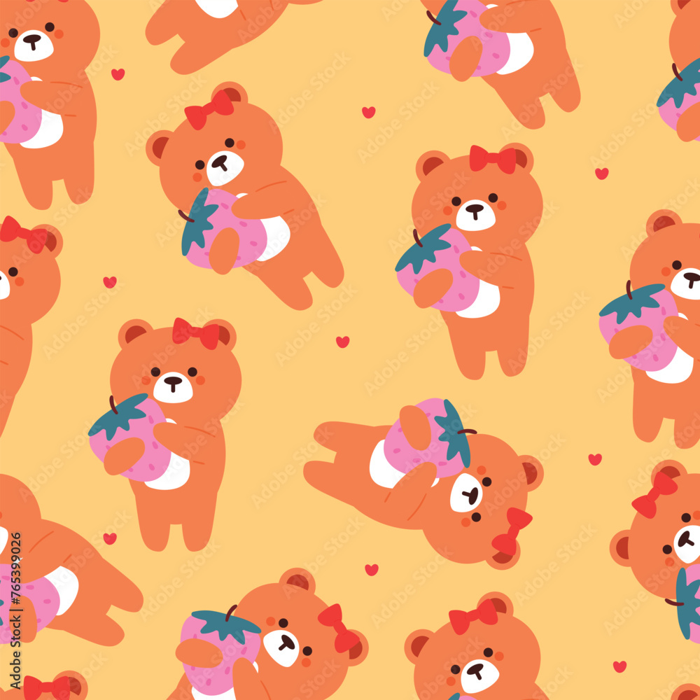 seamless pattern cartoon bears with strawberry. cute animal wallpaper illustration for gift wrap paper